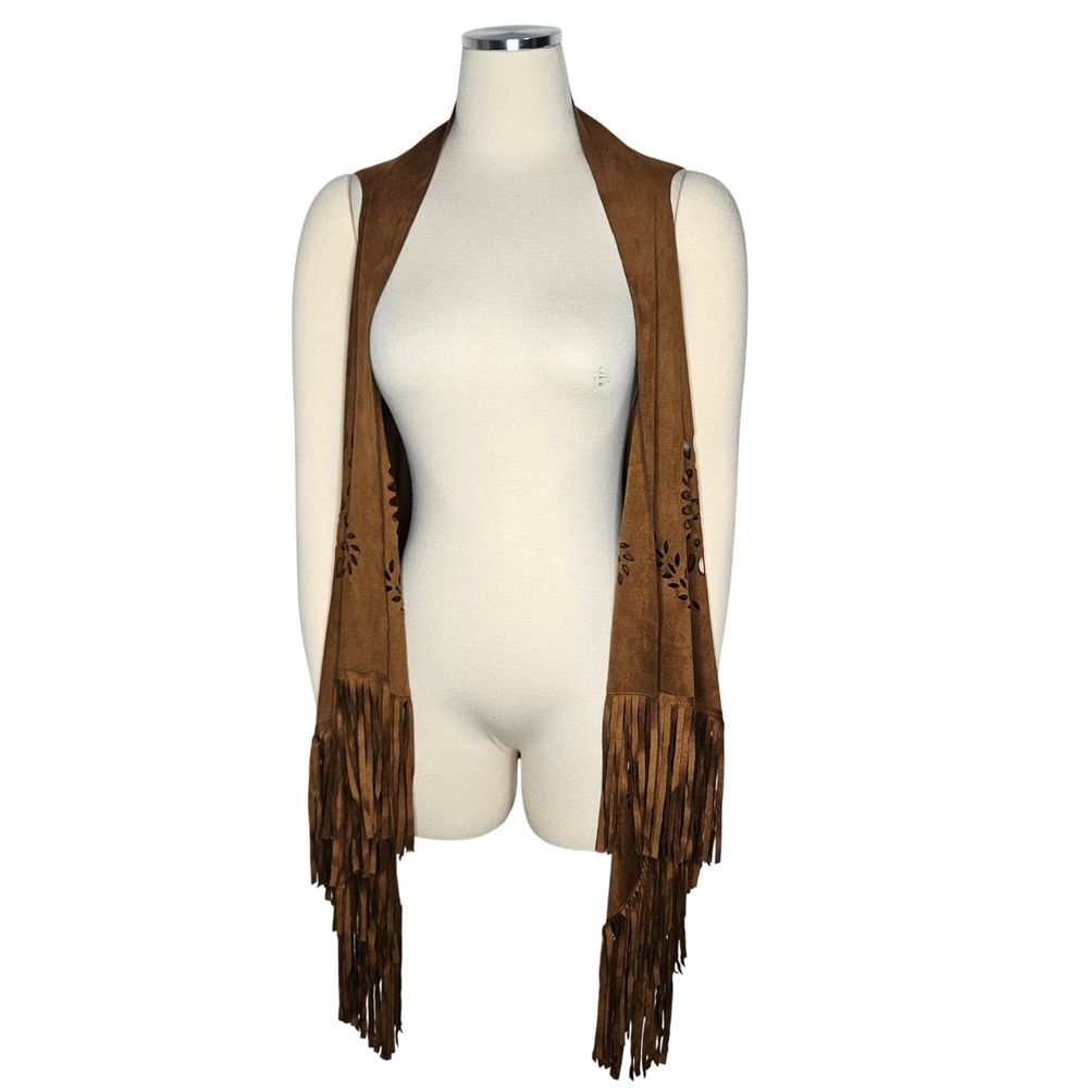 Womens Cognac Brown Faux Suede Fringe Vest Laser Cut Boho Festival One Size